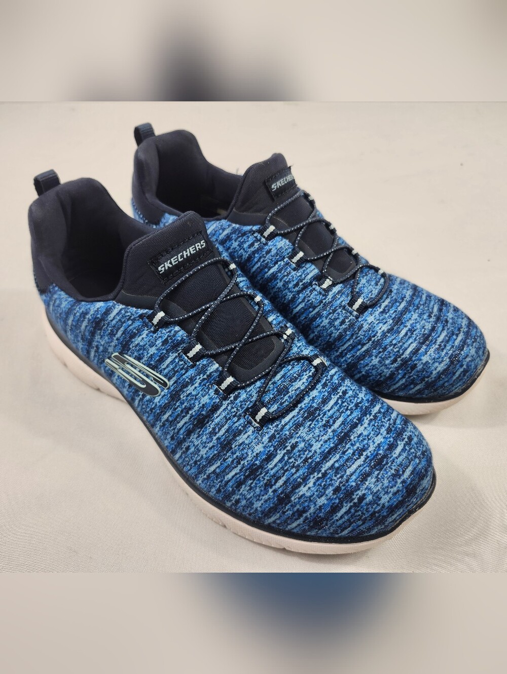 Skechers Womens 8.5 M Blue Knit Memory Foam Athletic Slip-On Sneakers Shoes